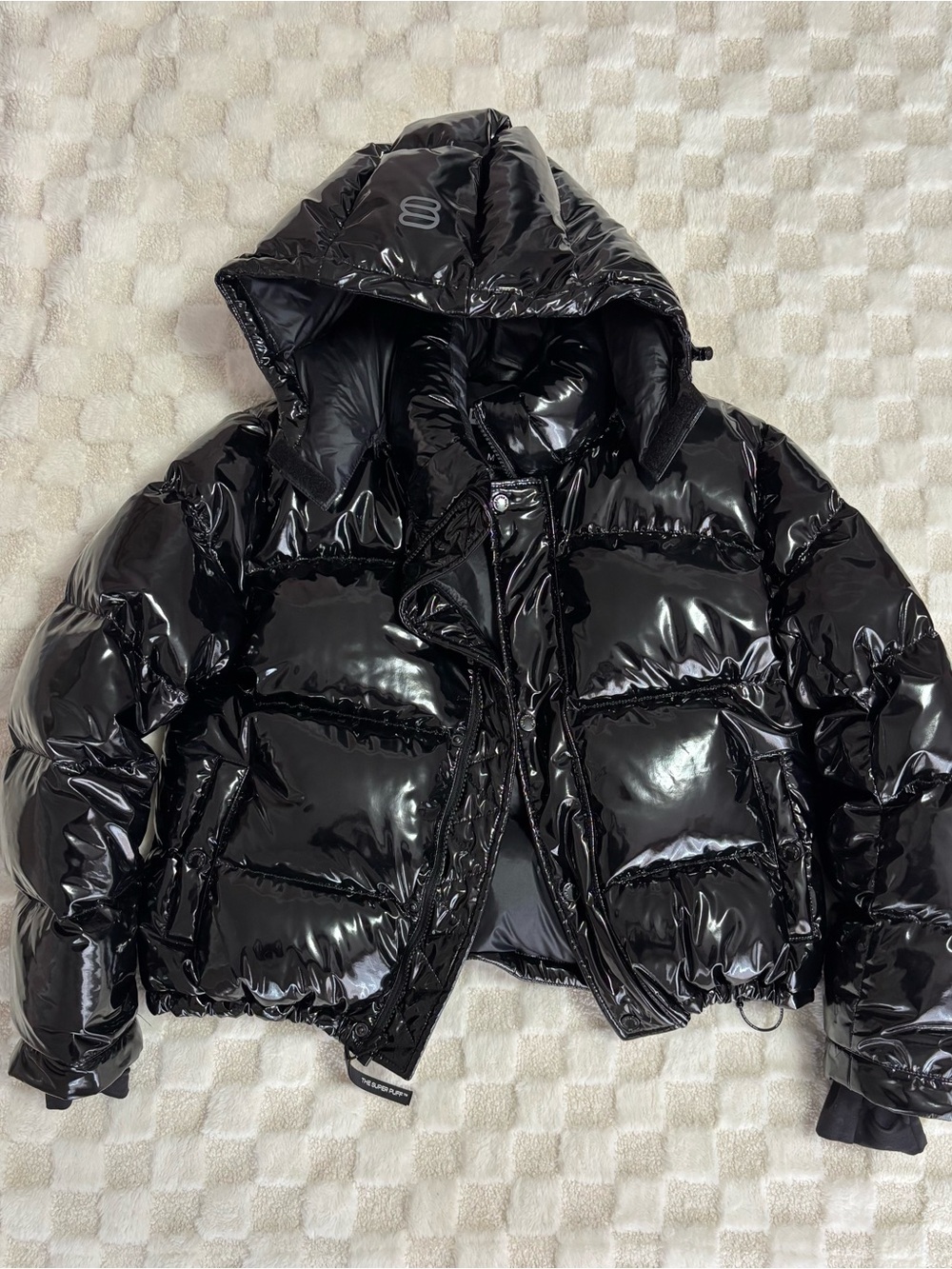 Aritzia Black High-Shine Gloss Puffer Jacket with Hood